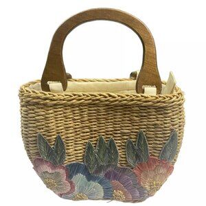 Cappelli Straw Purse Woven Basket Bag with Wooden Handles | Boho Summer Tote